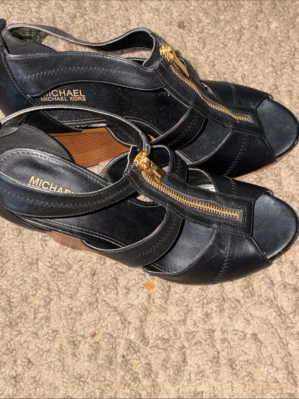 Michael Kors Black Leather Peep-Toe Wedge Sandals with Gold Zip Accent